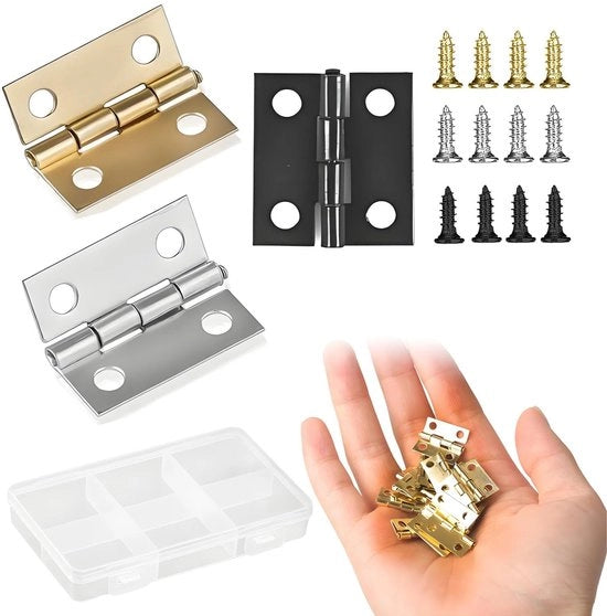 Set di cardini a 60 pezzi - Cardini piccoli - Set di cardini mini - Cardini dorati/argentati/neri - Inclusi 300 viti - Trattamento metallico robusto