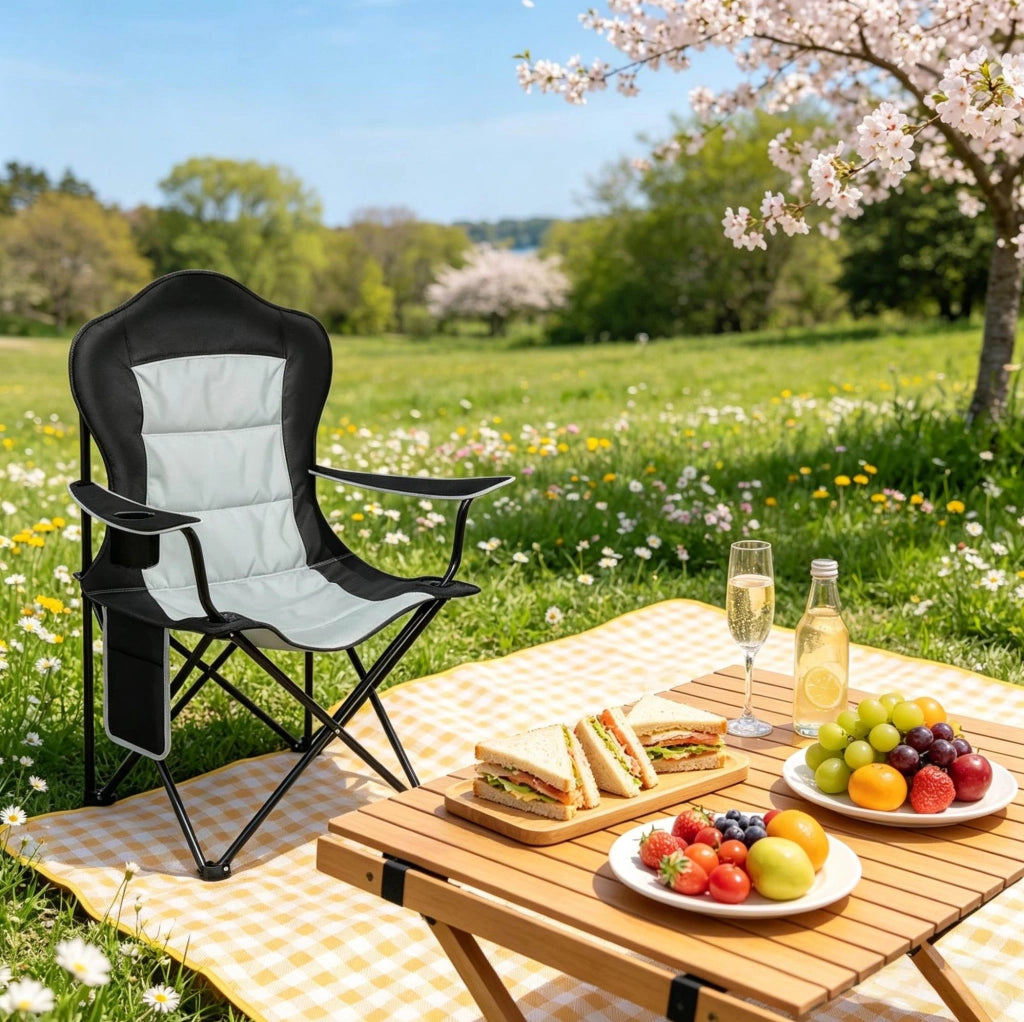 Sedia da campeggio pieghevole con portabicchiere e tasca laterale 84x110x62 cm Oxford 600D nero grigio