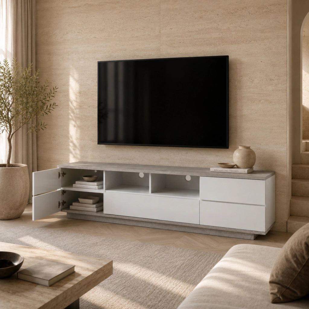 Mobile Tv Salotto Moderno Con 4 Ante 1 Anta A Ribalta 2 Vani A Giorno Con Passacavi Per Soggiorno Living Design In MDF Resistente 180 X 38 X 46 Cm Bianco E Grigio Cemento