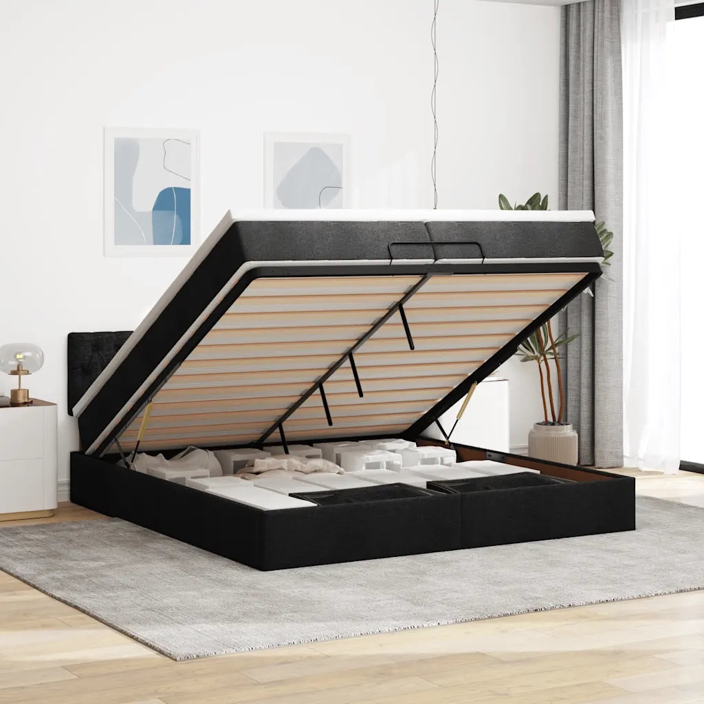 Struttura Letto Pouf con Materassi Nero 200x200 cm in Tessuto