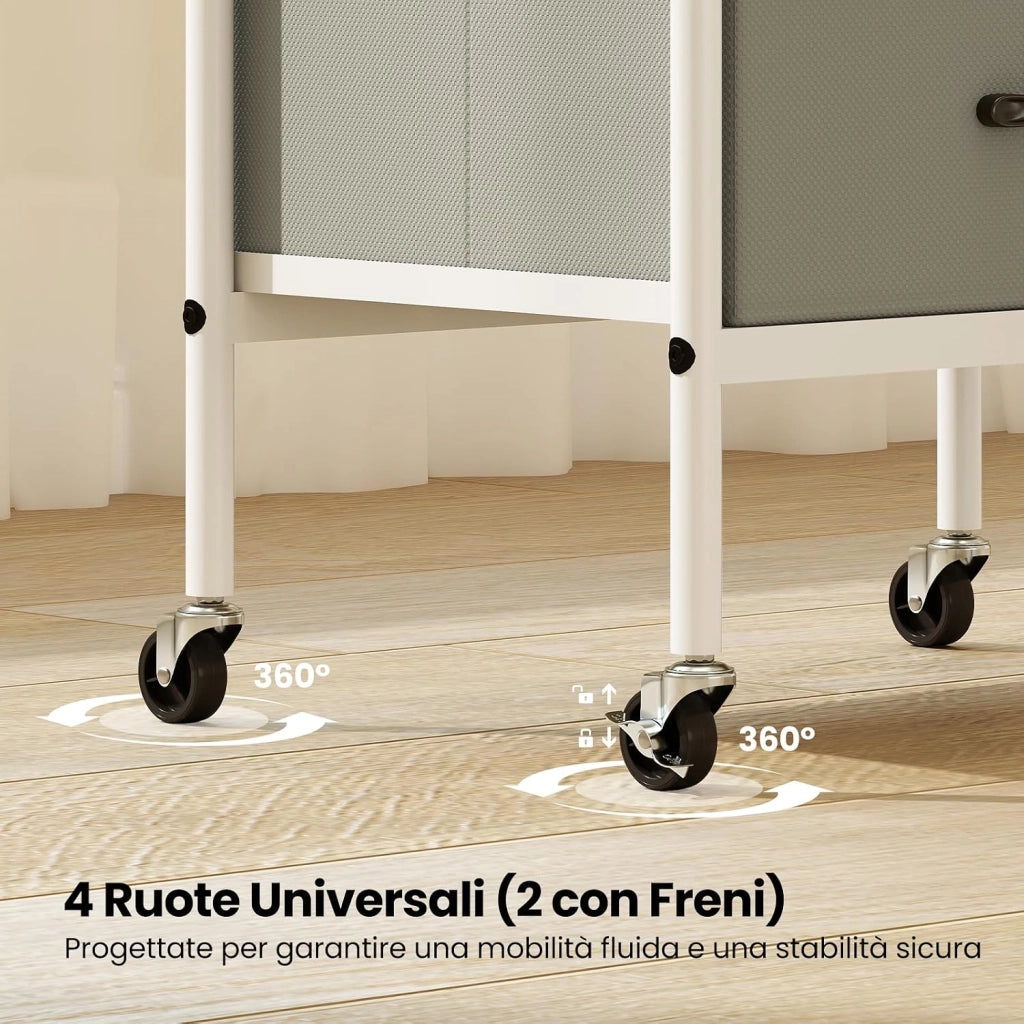 Carrello Mobile con Rotelle, Supporto per Stampante con 2 Ripiani Aperti e 2 Cassetti in Tessuto, Organizer Multiuso con 4 Ruote per Camera da Letto, Ufficio e Cucina