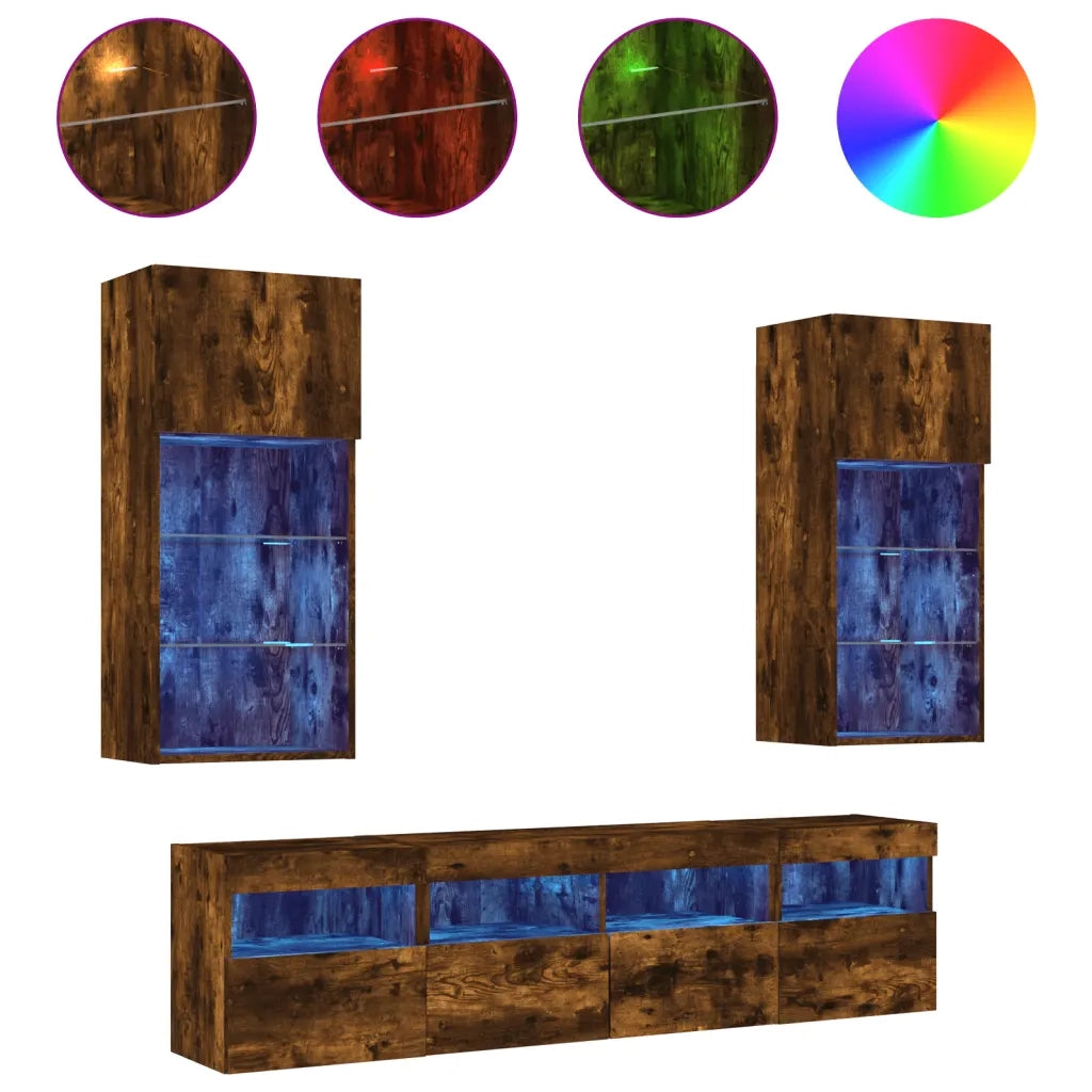 Mobili TV a Muro con LED 5pz Rovere Fumo in Legno Multistratocod mxl 134571