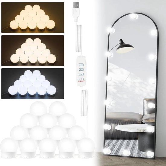14 luci a LED da specchio per tavolo da trucco - illuminazione per trucco Hollywood con 3 colori - cavo USB - decorazione da specchio