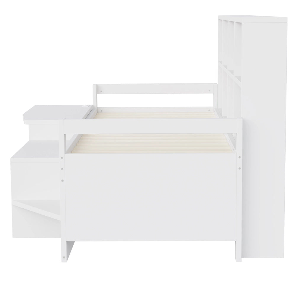 Letto combinato 90×200 cm; letto singolo con scrivania; vani contenitori; LED e prese USB; senza materasso; bianco