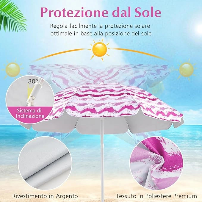 Set da Spiaggia di 4 Pezzi con Ombrellone, 2 Sedie Pieghevoli, Coperta da Picnic, Parasole Portatile per Esterni con Meccanismo di Inclinazione, Portabicchieri, Braccioli