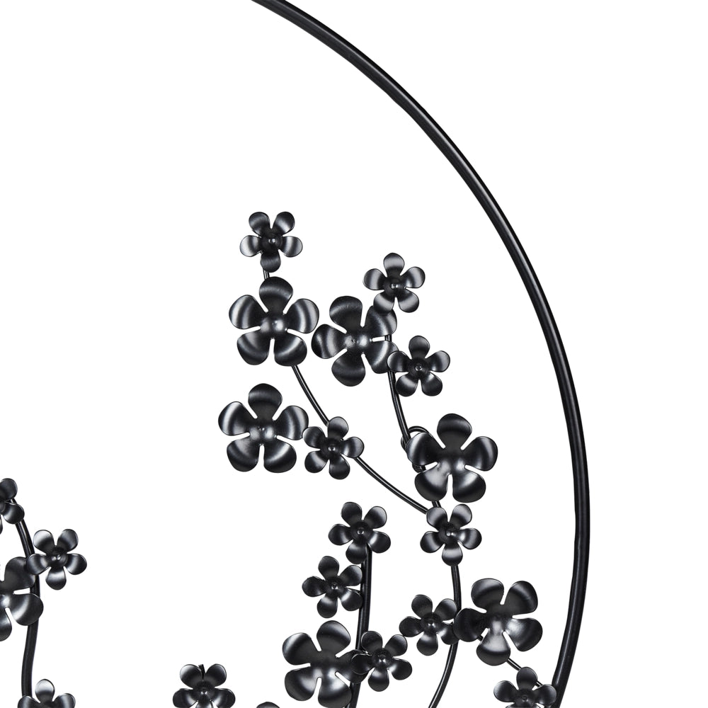 Moderna decorazione floreale in metallo nero con cornice rotonda ⌀ 70 cm arte moderna accessorio industriale