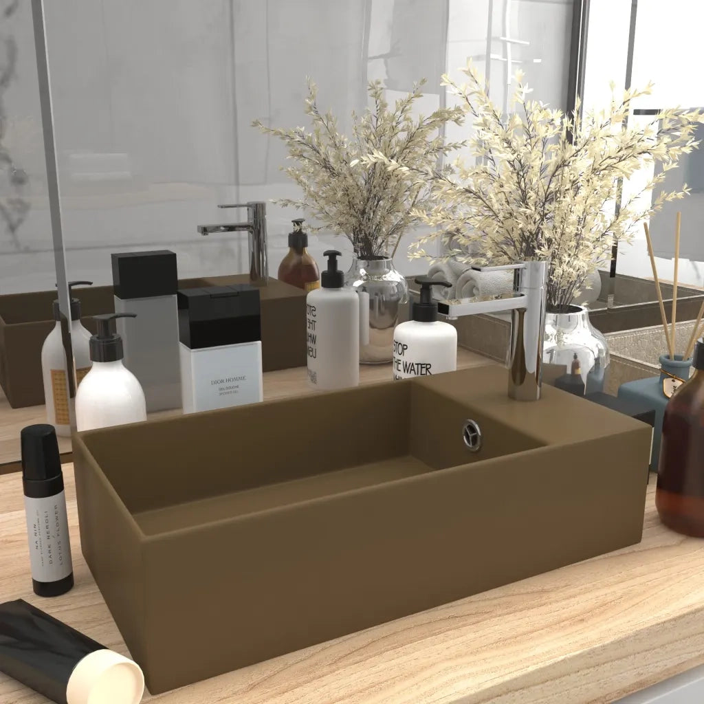 Lavandino con Troppopieno-Lavabo-Lavello in Ceramica Crema Opaco