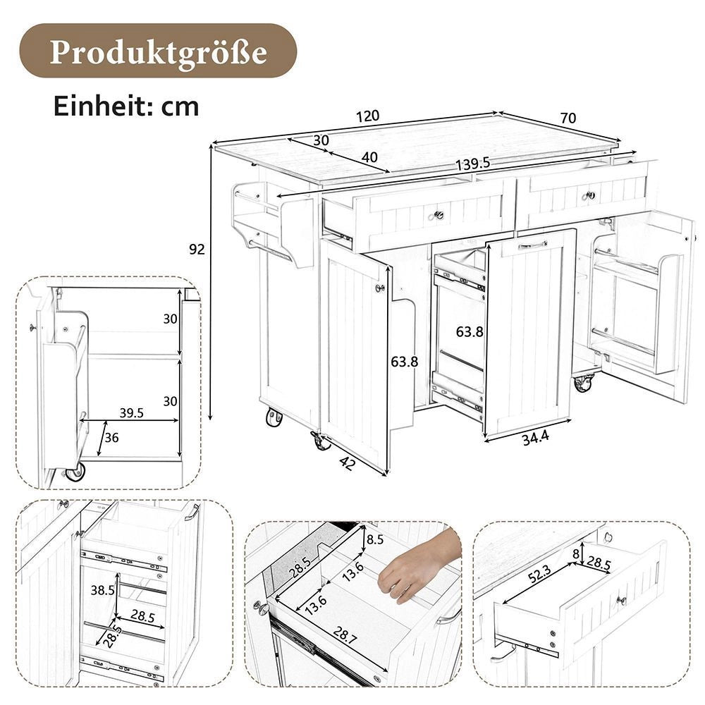 ?lot cucina mobile con ruote - Xylo - Tavolo estendibile, cassetti multifunzione, ideale per cucina e sala da pranzo, bianco