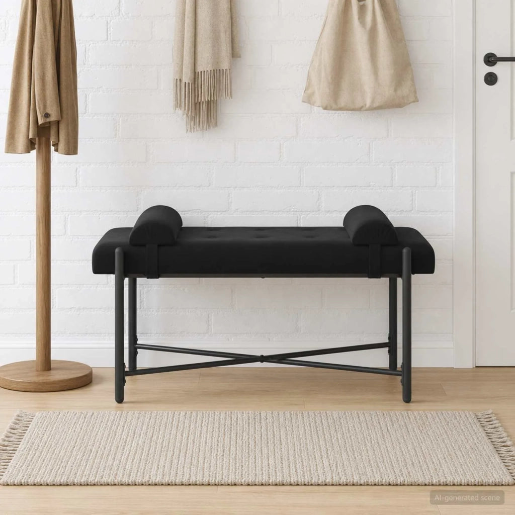 Panchina con bottoni e cuscini Nero 110 x 40 x 46 cm Velluto 42038391