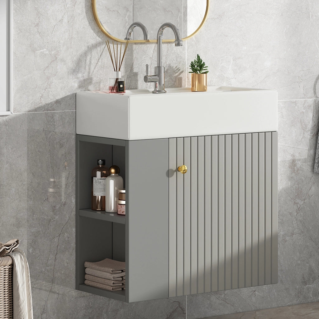 Mobile bagno con lavabo 55 cm; mobiletto sospeso grigio chiaro con scomparti laterali