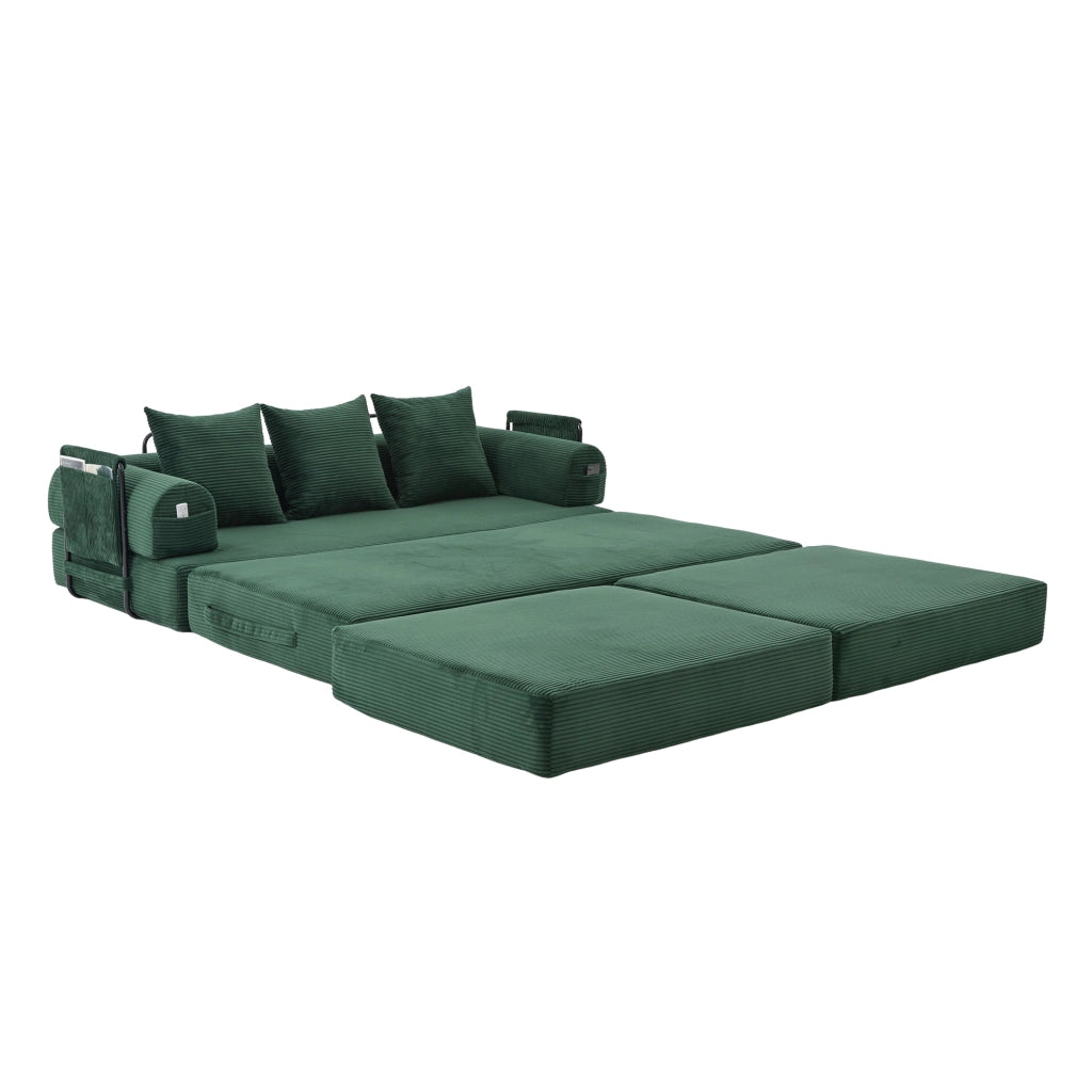 Divano modulare in corduroy con pouf, struttura in metallo, tasca laterale e 3 cuscini – Verde smeraldo