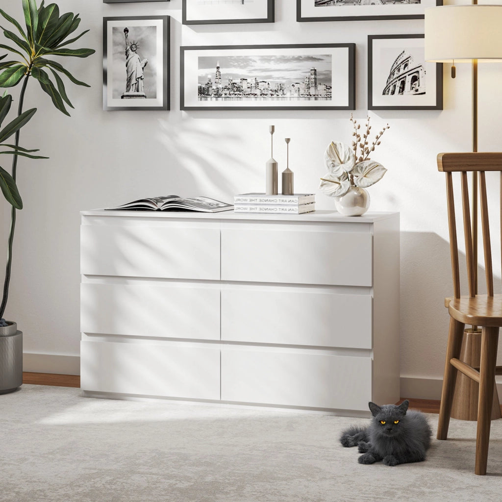 Comò Cassettiera 6 Cassetti 120x39x75 cm con Maniglie a Gola in Legno Bianco