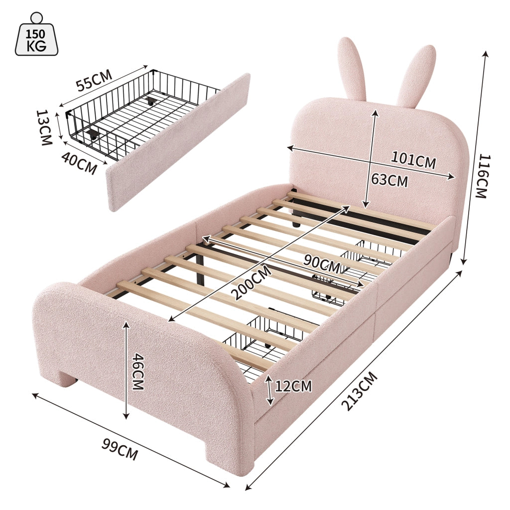 OKWISH Letto Bambini 90×200 cm, Letto Singolo con 2 Cassetti, Testiera a Coniglio e Contenitore, senza Materasso, Rosa