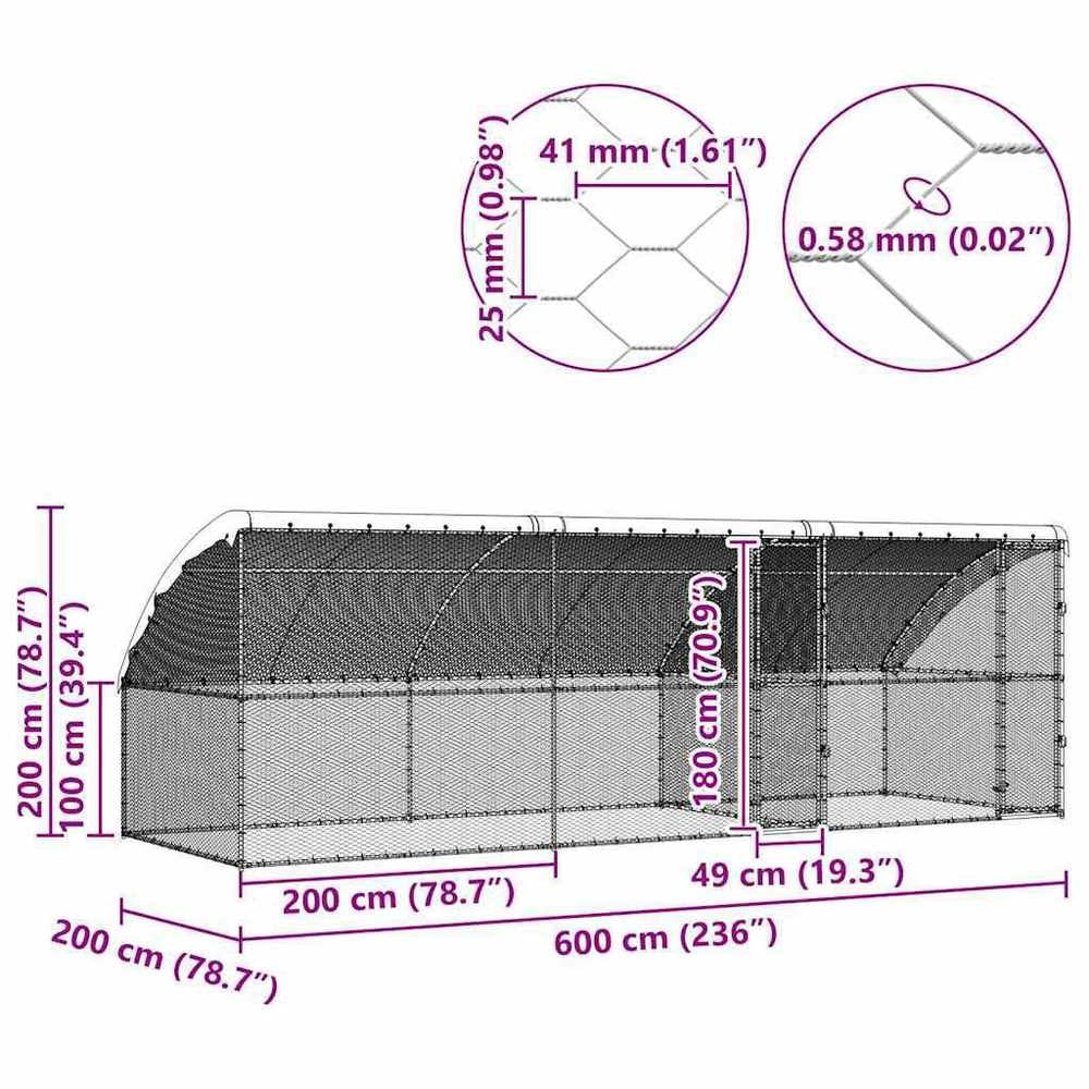 Chicken Cage Silver 600 X 200 X 198.5 Cm Galvanized Steel