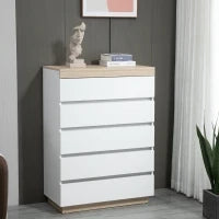 Cassettiera 5 Cassetti Minimal in Legno, 80x40x109 cm, Bianco e color Rovere