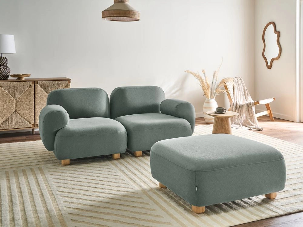Divano componibile a 2 posti in tessuto due elementi angolari con poggiapiedi gambe in legno verde chiaro stile moderno