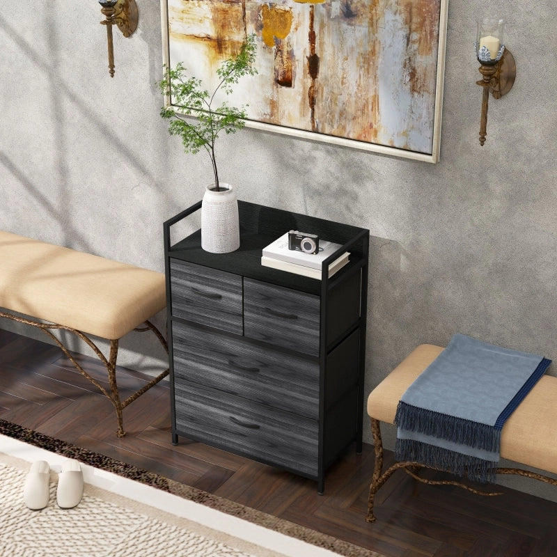 Mobile contenitore con 4 cassetti in tessuto, ripiano superiore, stile industriale, per soggiorno, nero, 60 × 29 × 85 cm