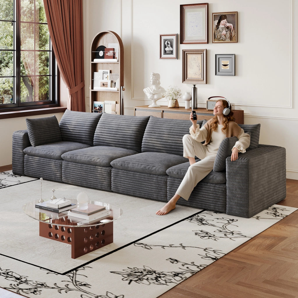 Divano 3 Posti in Tessuto a Coste ¨C MINIMAL ¨C Grigio Scuro, 340cm, Imbottito, Senza Montaggio