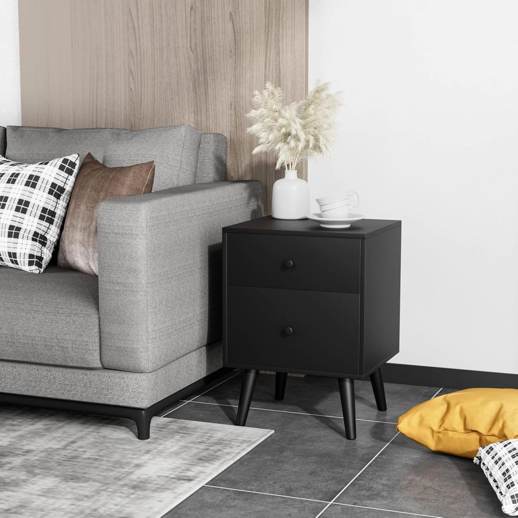 Comodino con 2 cassetti, tavolino con gambe in legno di gomma, comodino per soggiorno, camera da letto, 45×39,5x61,5cm