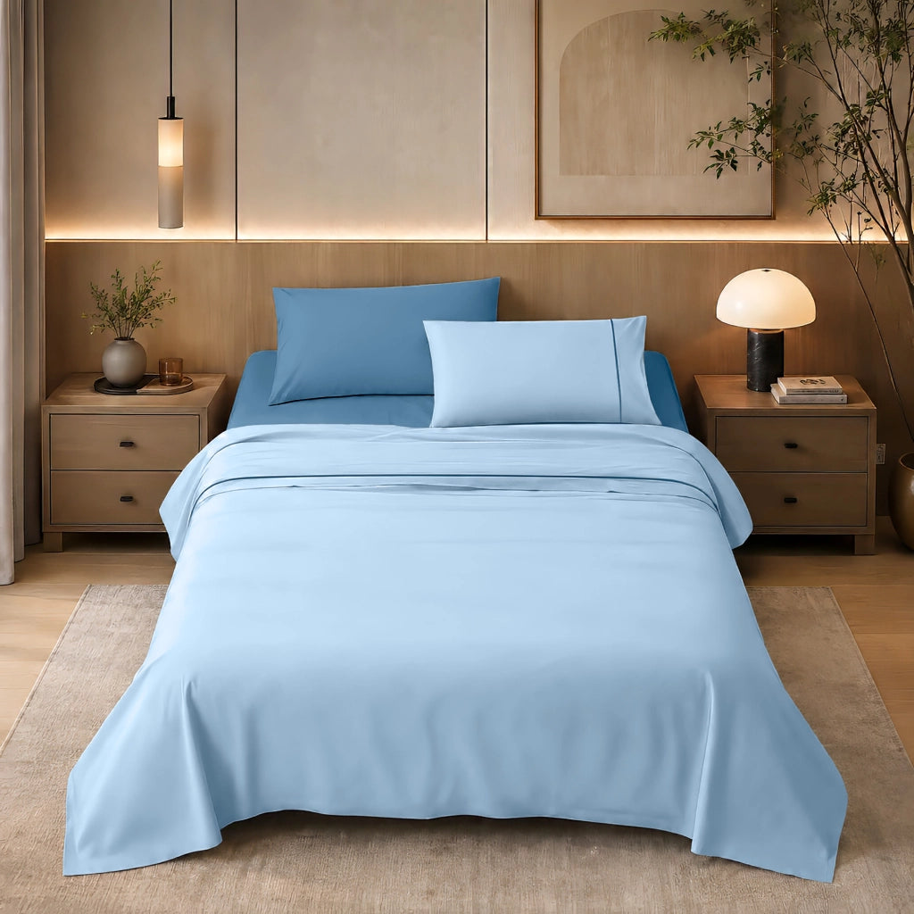 Completo Lenzuola Matrimoniale Bicolore in Tinta Unita, Cotone Certificato OEKO-TEX, Set 4 Pezzi con Lenzuolo Sopra, Sotto con Angoli e 2 Federe  Azzurro-Blu