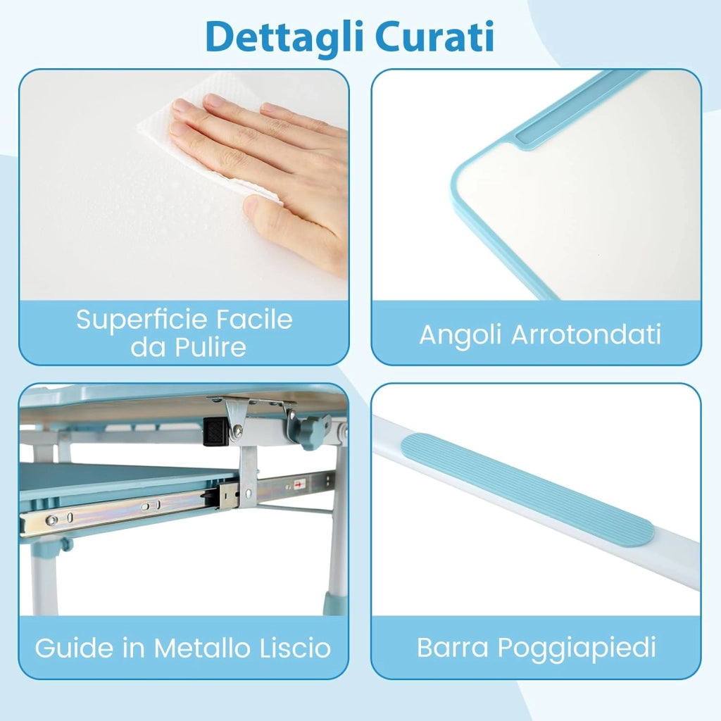 Set di Scrivania e Sedia per Bambini con Altezza Regolabile, Blu | Banco Scuola con Piano Inclinabile, Supporto per Libri, Barra Poggiapiedi e Sedia Ergonomica per Scuola, Ufficio e Cameretta