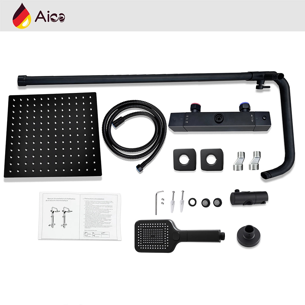 Colonna doccia rotonda completo di miscelatore termostatico rettangolo, soffione quadrato 30x30cm, nero