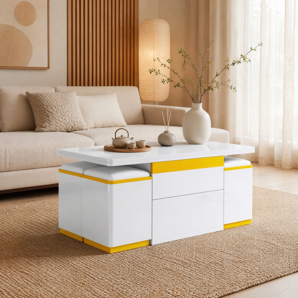 Tavolino da caffè sollevabile 100x50x43 cm bianco e giallo, contenitore integrato, MDF/PB