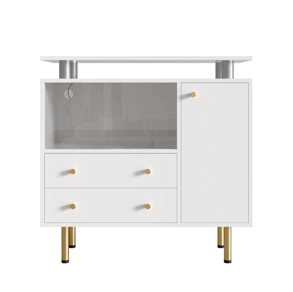 Madia bianca con ante in vetro, cassetti e illuminazione LED