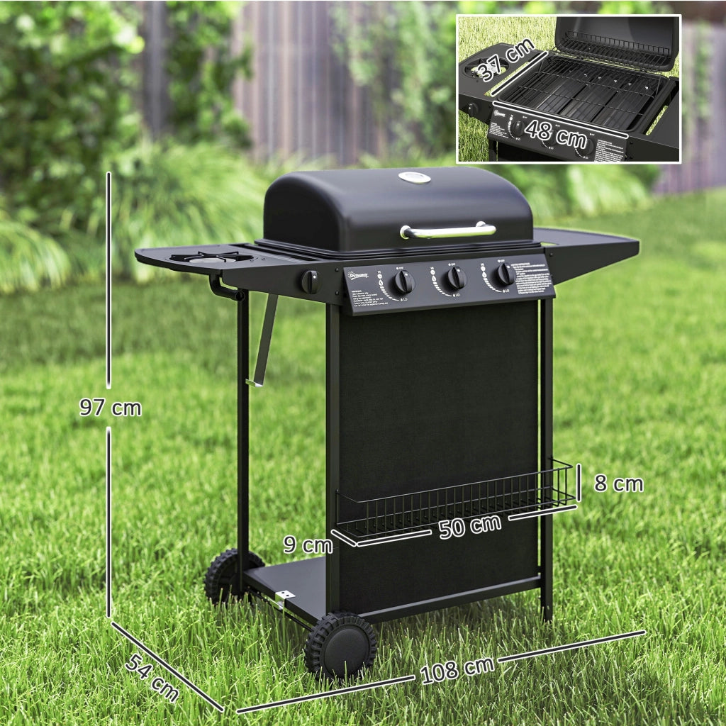 Barbecue a Gas con 4 Bruciatori Indipendenti 108x54x97 cm Coperchio con Termometro Nero