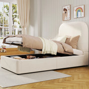 Letto singolo 90x200 cm beige con contenitore idraulico e testiera, senza materasso