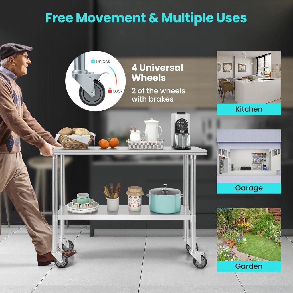Tavolo in acciaio inox con ruote universali, carrello da lavoro con ampio piano e ripiano inferiore regolabile, tavolo di preparazione in metallo mobile per cucina, ristorante, NF88931ES