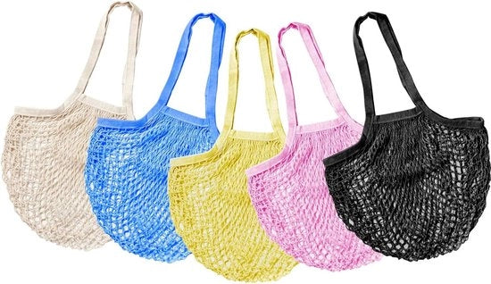 Borsa per verdure e frutta in cotone riciclabile - Reticoli riciclabili con maniglia - Per verdure e frutta - Portatile - HTML - Richiesta contenuto.
