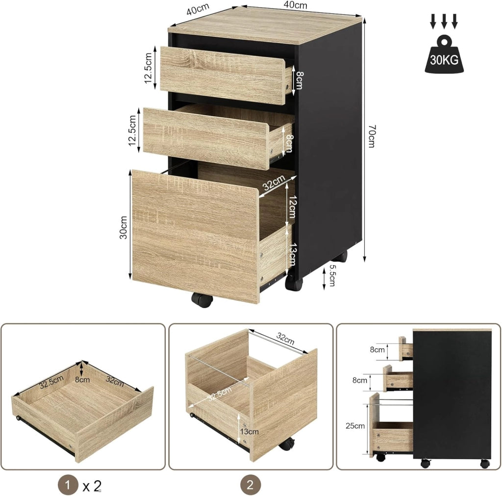 Cassettiera da Ufficio, Cassettiera Portadocumenti a 3 Cassetti, Mobiletto Portaoggetti con Ruote per Studio, Camera da Letto,in Legno, Rovere Chiaro e Nero, 40x40x70cm, ASK01hei