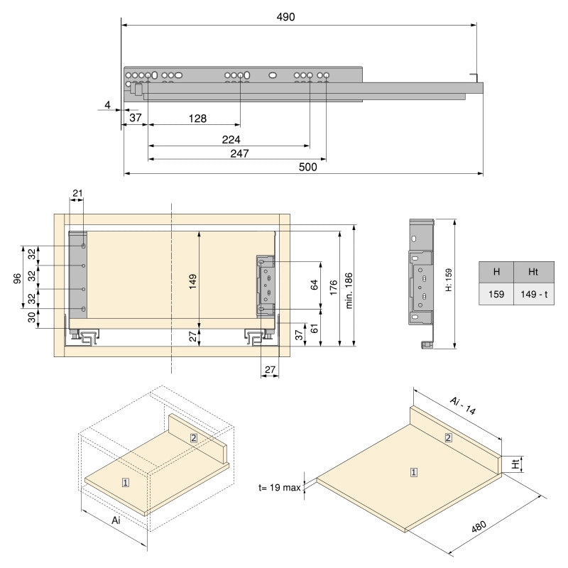 Cassetto esterno Simplex 25 kg, altezza 159 mm, profondità 490 mm, Acciaio, Grigio antracite