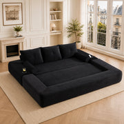 Divano letto ULEVR 232x98 cm in velluto a coste nero con portabevande, tasche laterali e cuscini memory