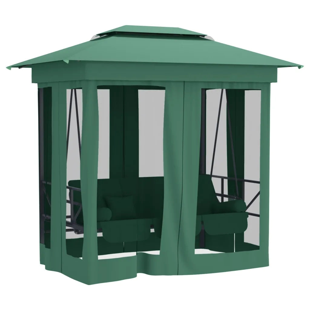Gazebo con Panca a Dondolo Convertibile Verde Tessuto e Acciaio 363327