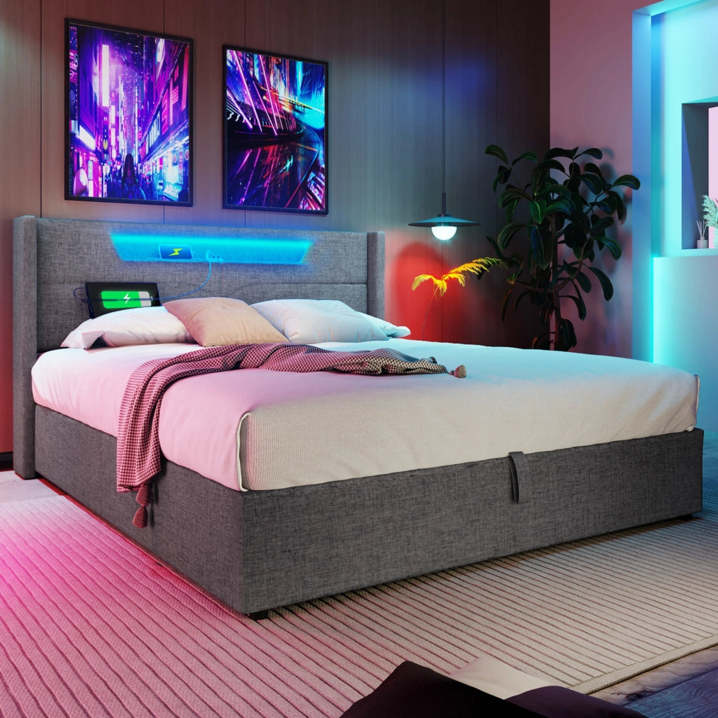 Letto contenitore imbottito ULEVR 140x200 cm con LED, USB e Type-C, rivestimento in lino grigio