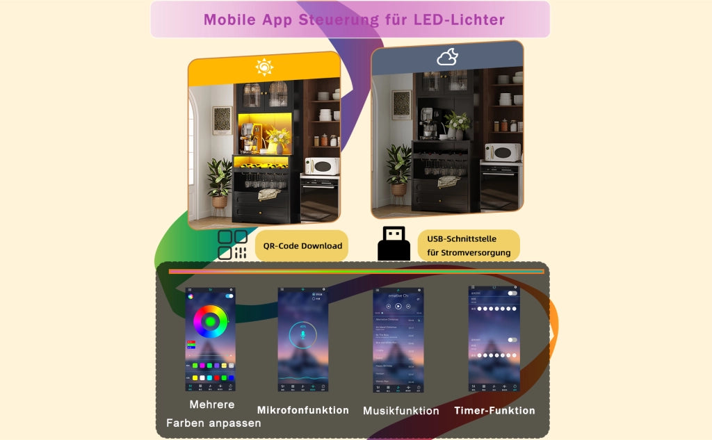 Credenza alta con ante in vetro curve LED con app e musica, ripiani regolabili, portabottiglie, nero 70 × 40 × 180 cm