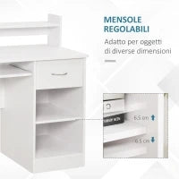 Scrivania per Computer Compatta, Scrivania PC Fisso in Legno Bianco con Ripiano Tastiera Estraibile e Mensole 104x48x95.5cm