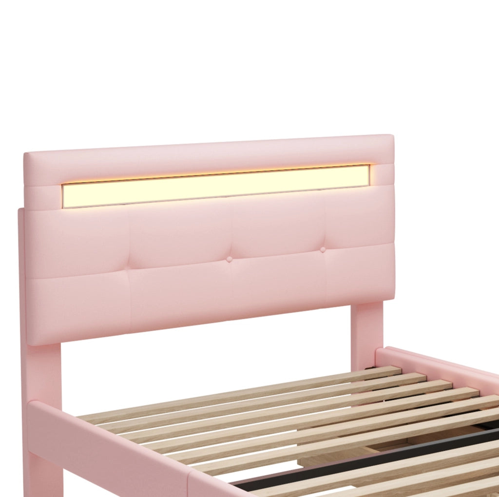Letto singolo imbottito ULEVR 90x200 cm con LED, 2 cassetti e testiera regolabile, rosa