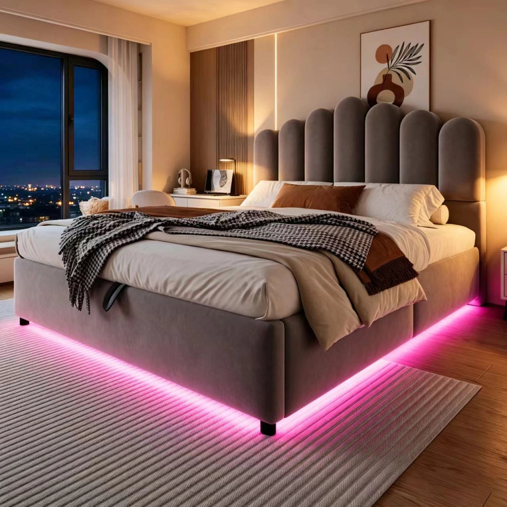 Letto imbottito 140x200 cm in velluto grigio con contenitore idraulico, LED e rete a doghe