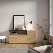 Credenza, Mobile, 150x35x75cm, 3 Porte, grande stoccaggio, colore Rovere e nero RF2516