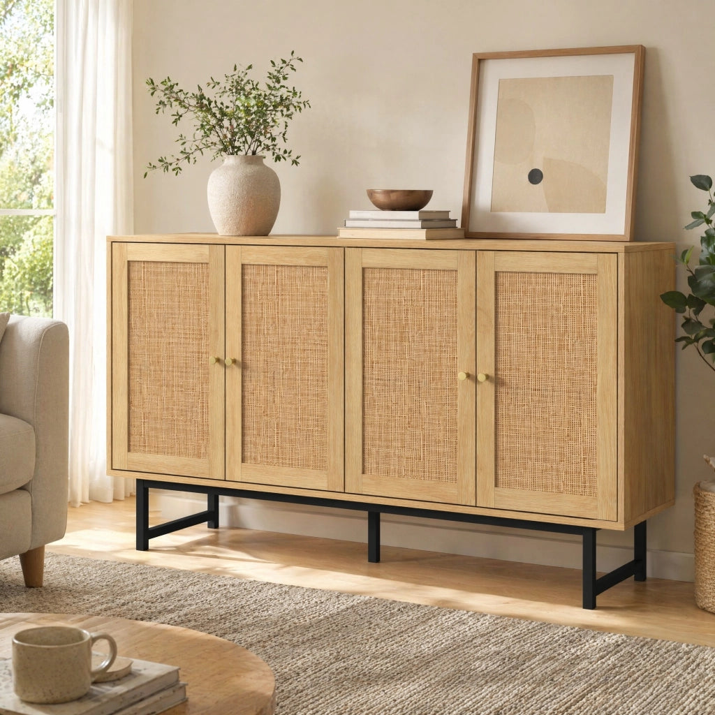MADIA 140x39,5x80 cm in effetto legno con 4 ante e rattan vero
