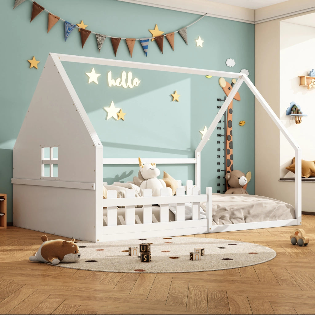 LETTO A CASITTA 140x200 cm in pino e MDF bianco con sponda