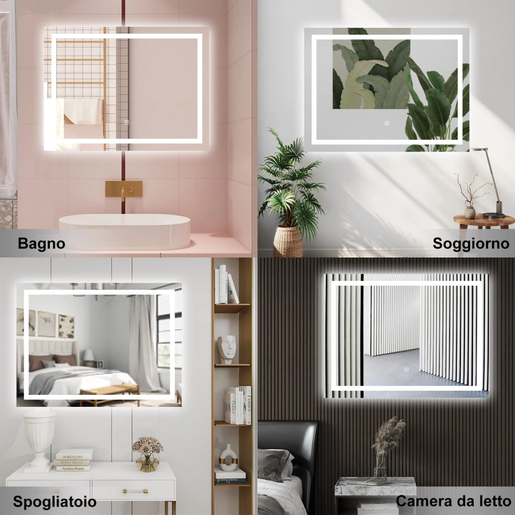 AICA Specchio da bagno  100 x 60 cm, dimmerabile, interruttore touch, Funzione Memoria, antiappannamento