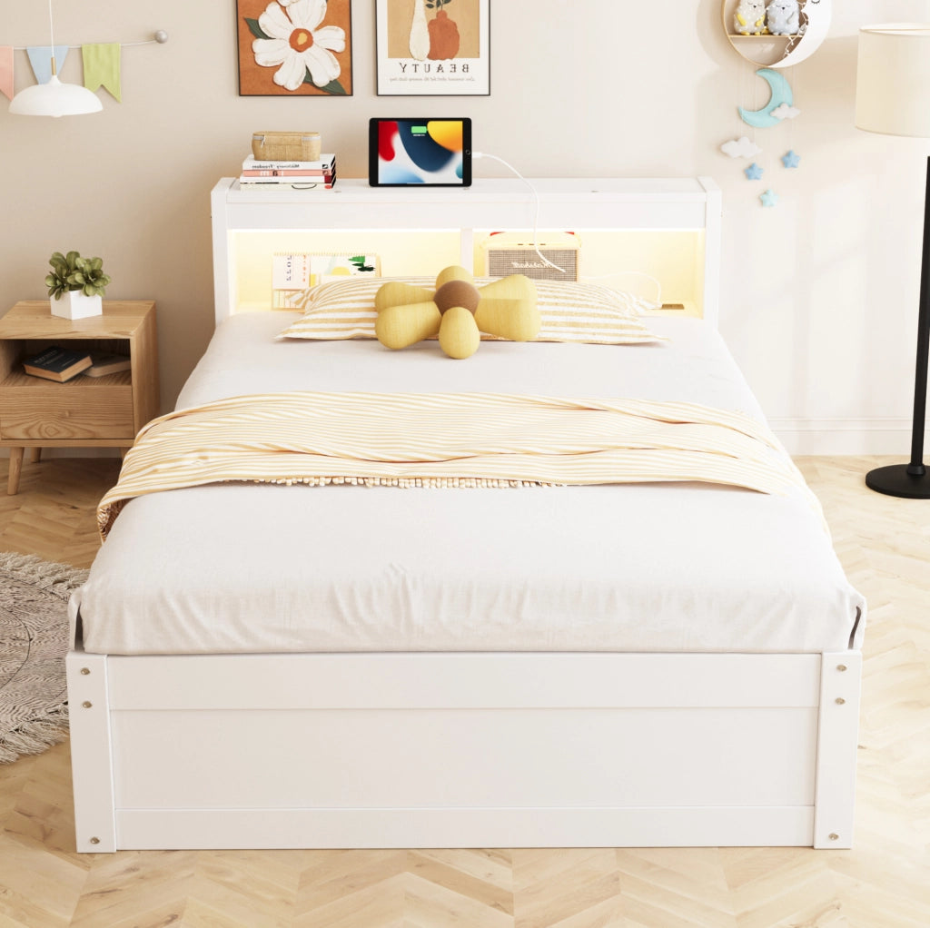 Letto multifunzione 90x200 cm con presa integrata; LED e contenitore salvaspazio; bianco