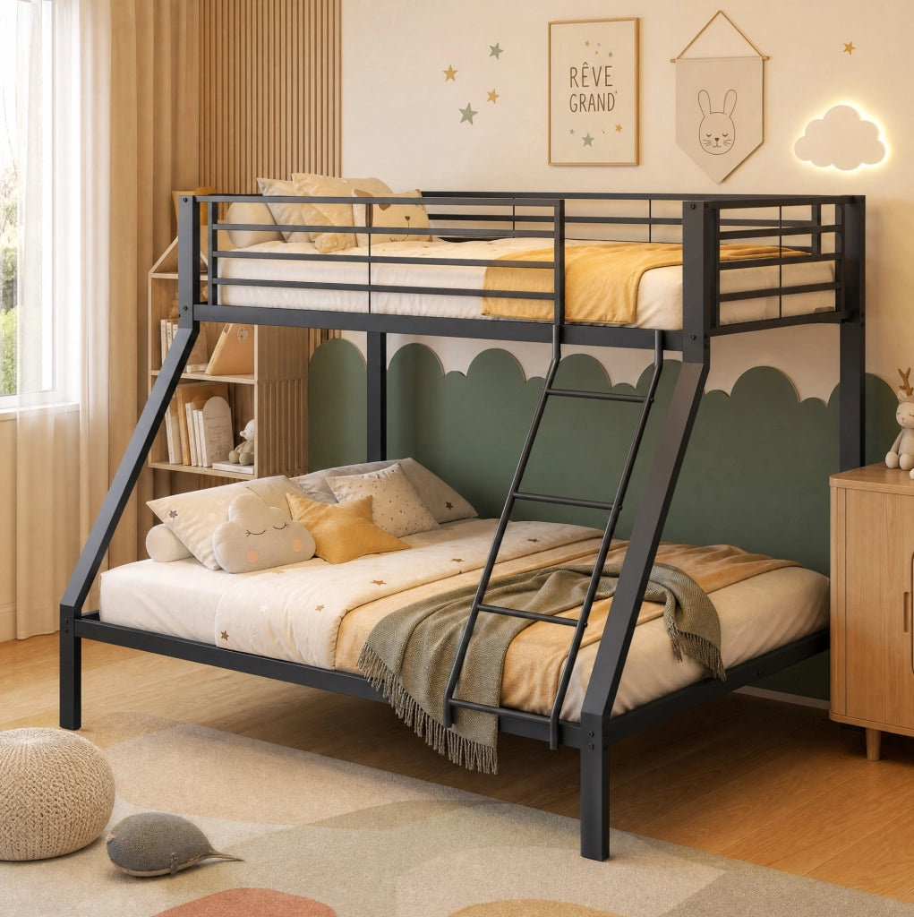 Letto a castello in metallo nero 90x200 cm sopra e 140x200 cm sotto; con scala reversibile