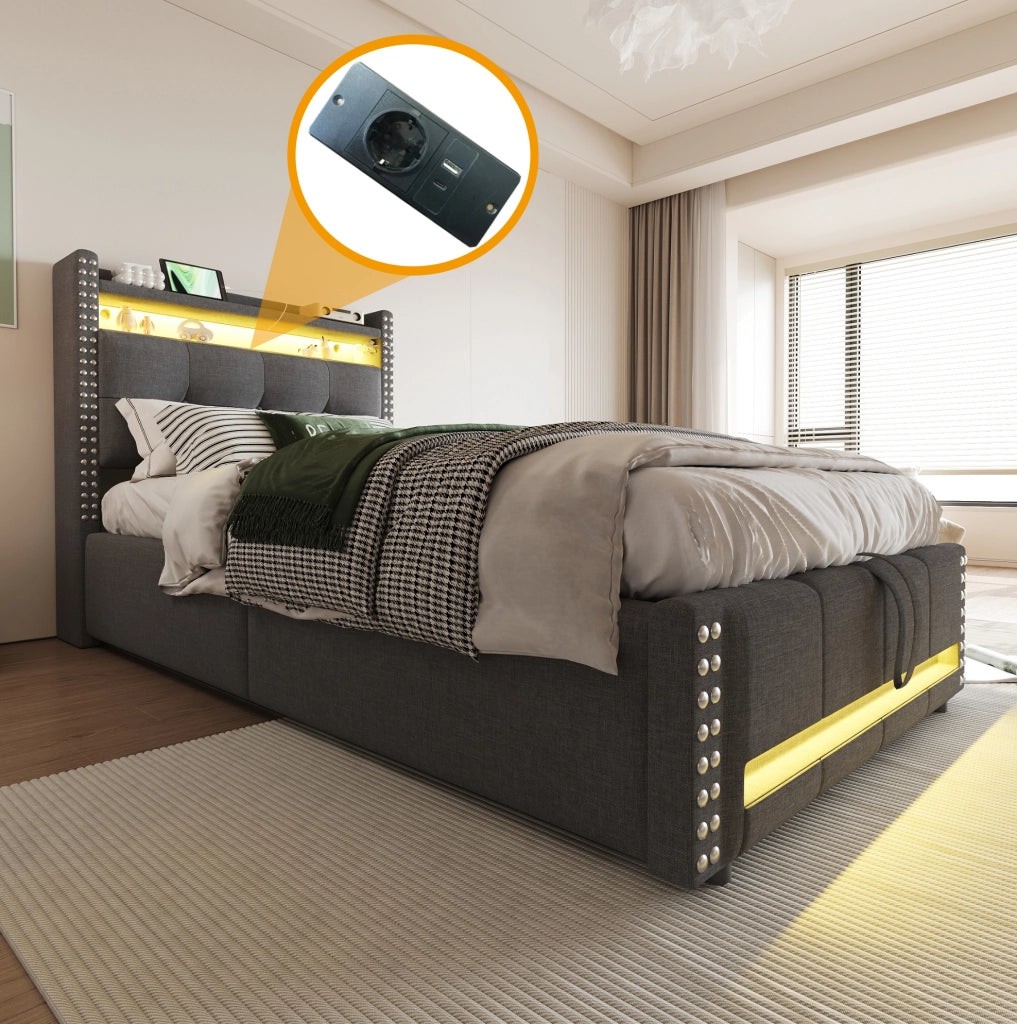 Letto imbottito multifunzionale 90x200 cm con LED, USB e contenitore