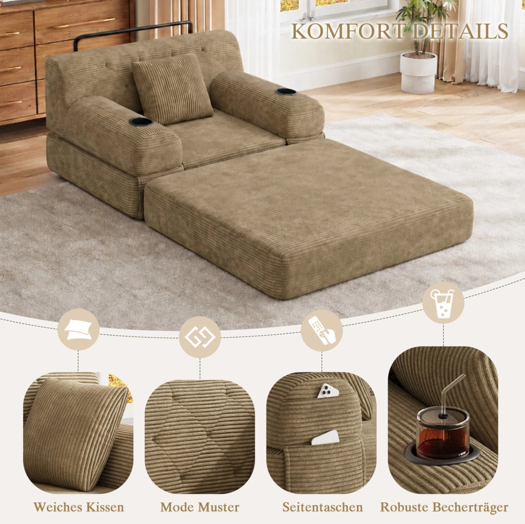 Poltrona letto 1 posto 107x162 cm in velluto a coste con portabevande; kaki