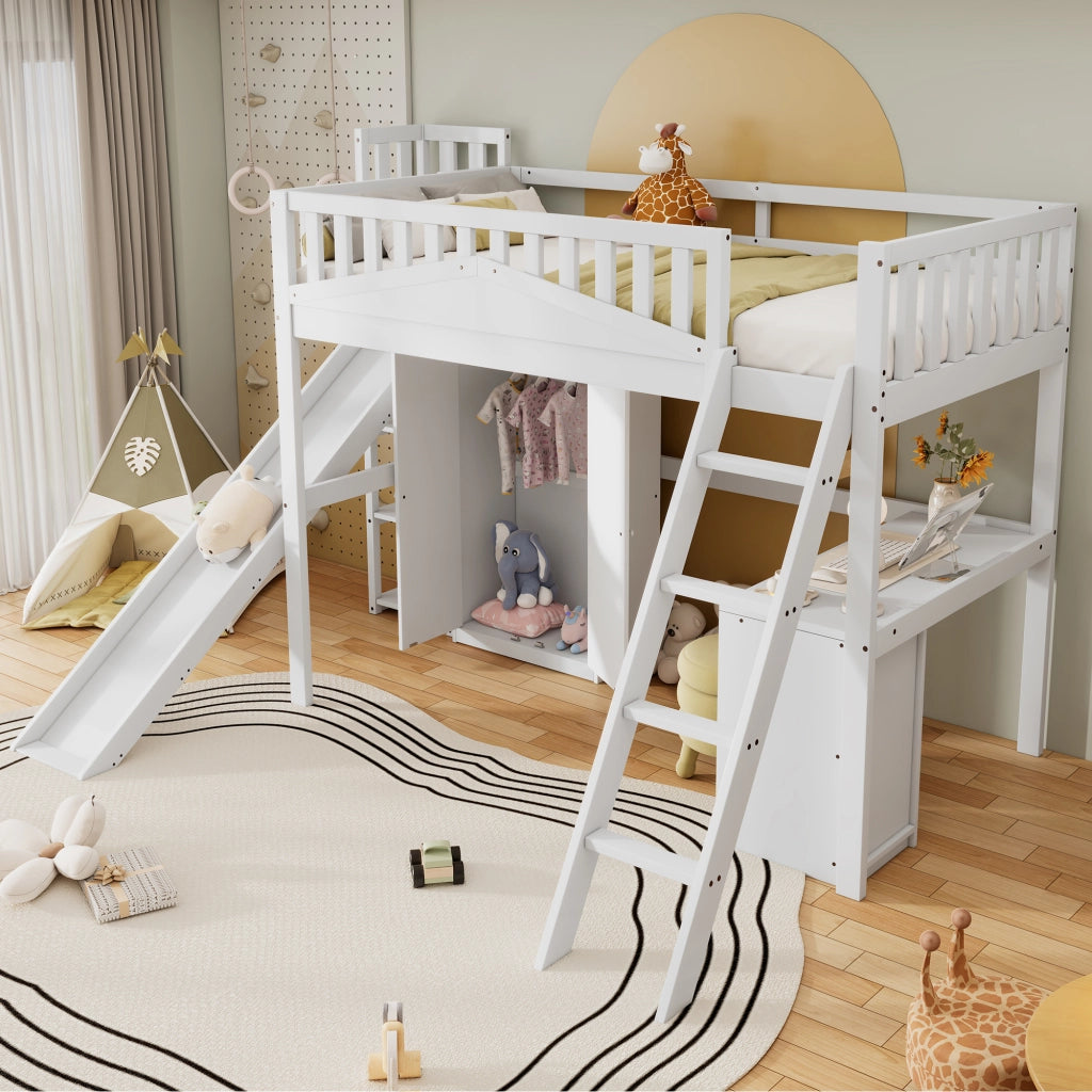 OKWISH Letto a Castello 90×200 cm, Letto Singolo con Scivolo, Scrivania, Armadio, Mensole e Scala, senza Materasso, Bianco